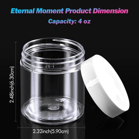 Eternal Moment clear plastic jars showing screw-on lids