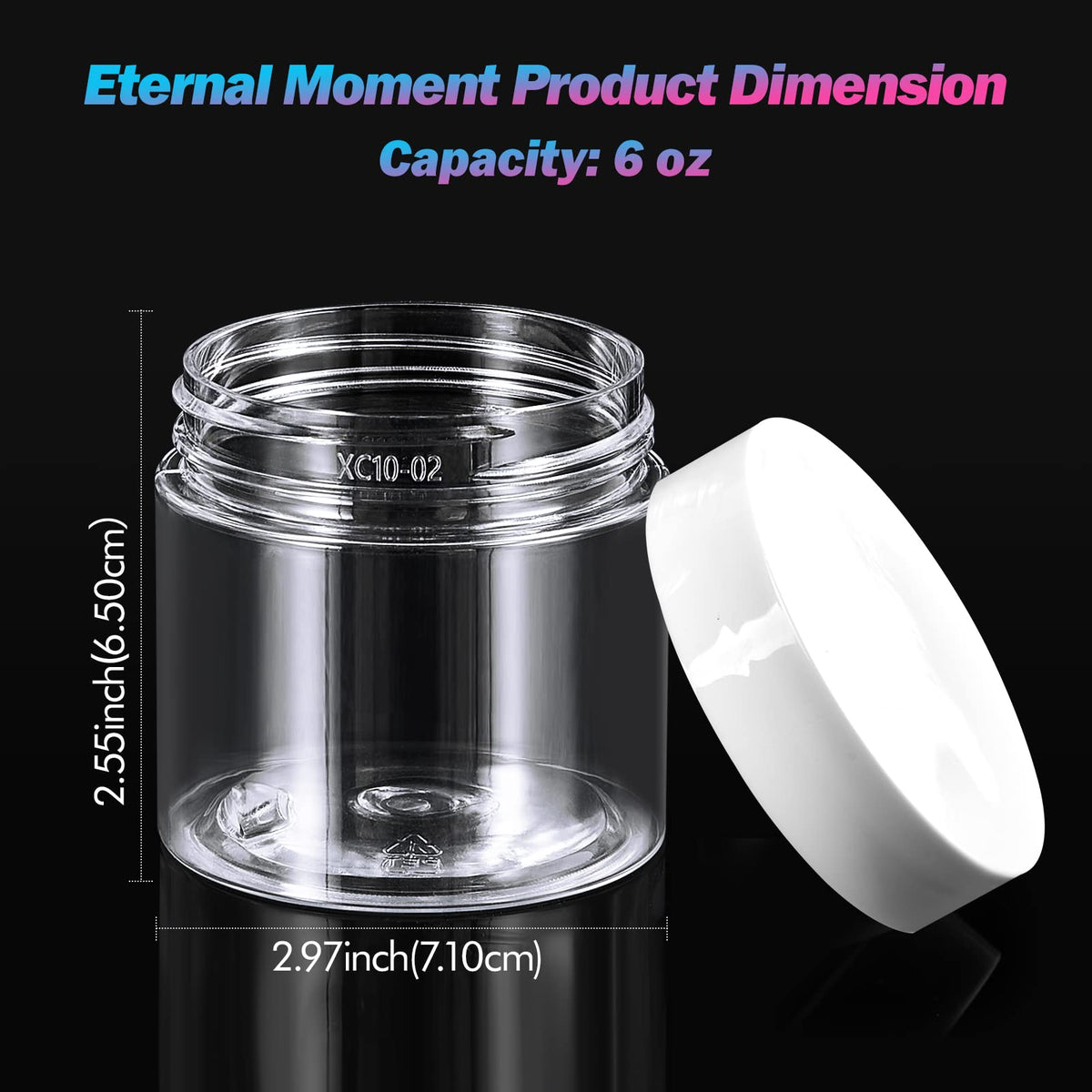 Eternal Moment clear plastic jars showing screw-on lids