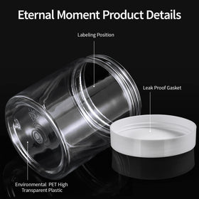 Eternal Moment plastic jars arranged with labels and spatulas
