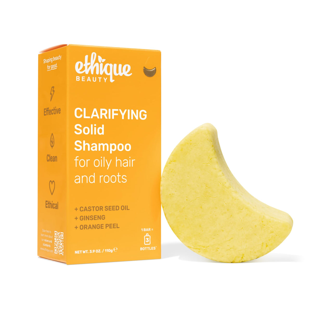 Ethique Clarifying Shampoo Bar front view with packaging