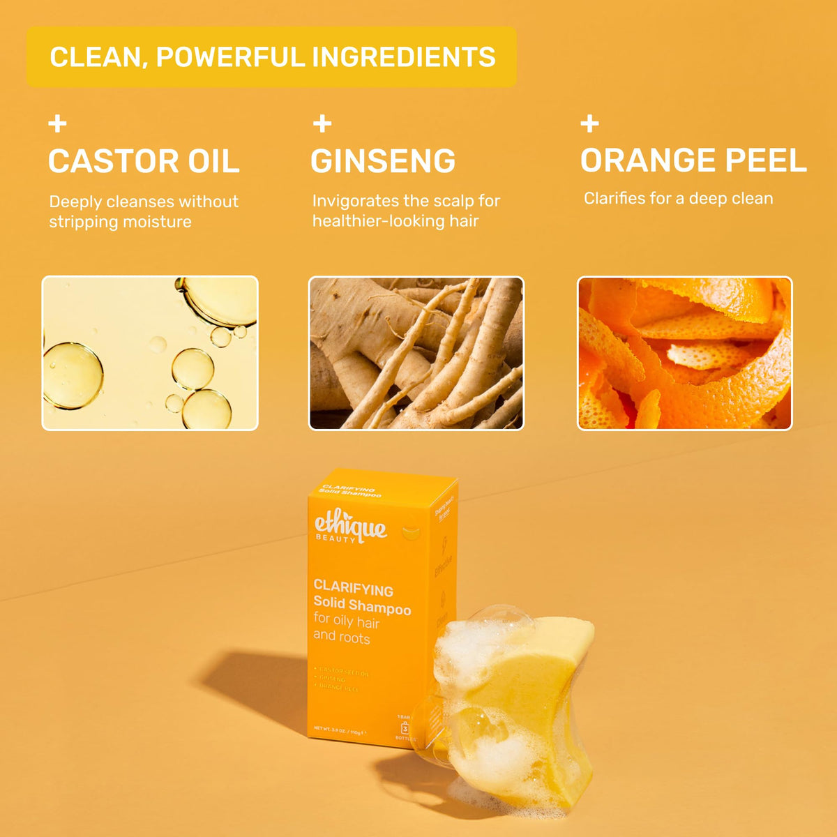 Ethique Clarifying Shampoo Bar with castor oil and ginseng ingredients