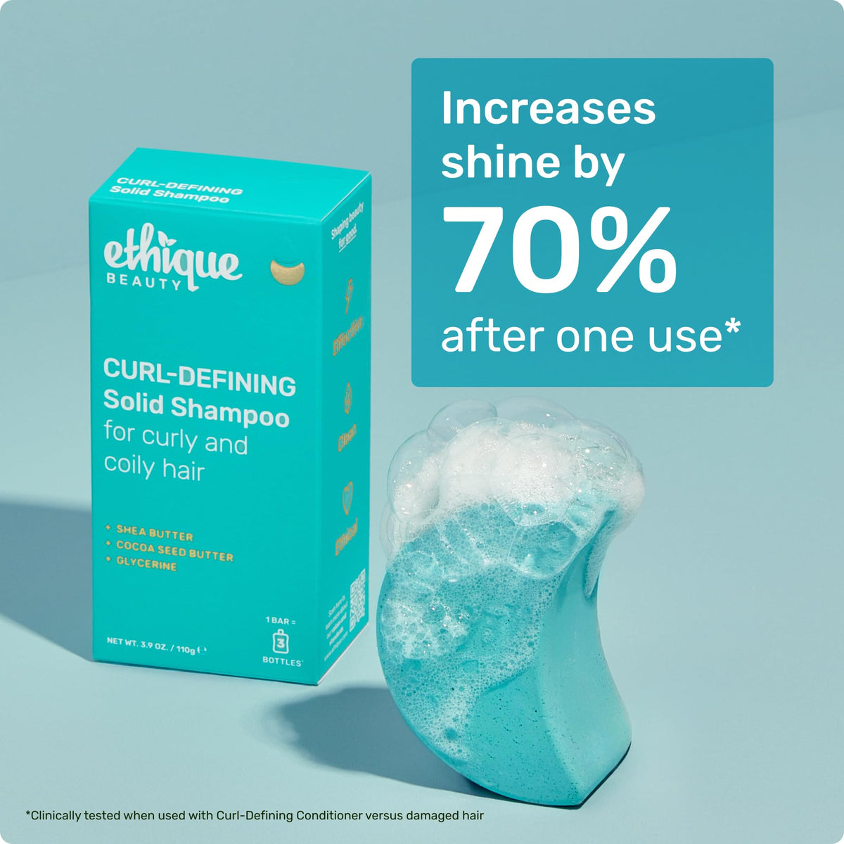 Ethique Curl-Defining Shampoo Bar on bathroom shelf