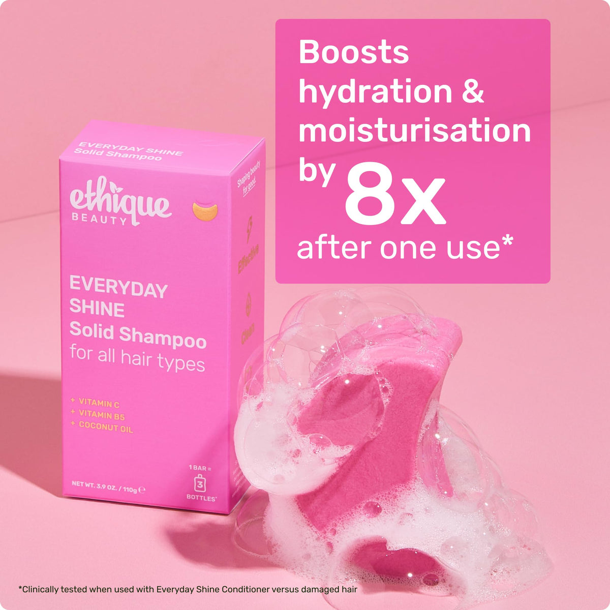 Ethique Everyday Shampoo Bar used in a shower setting