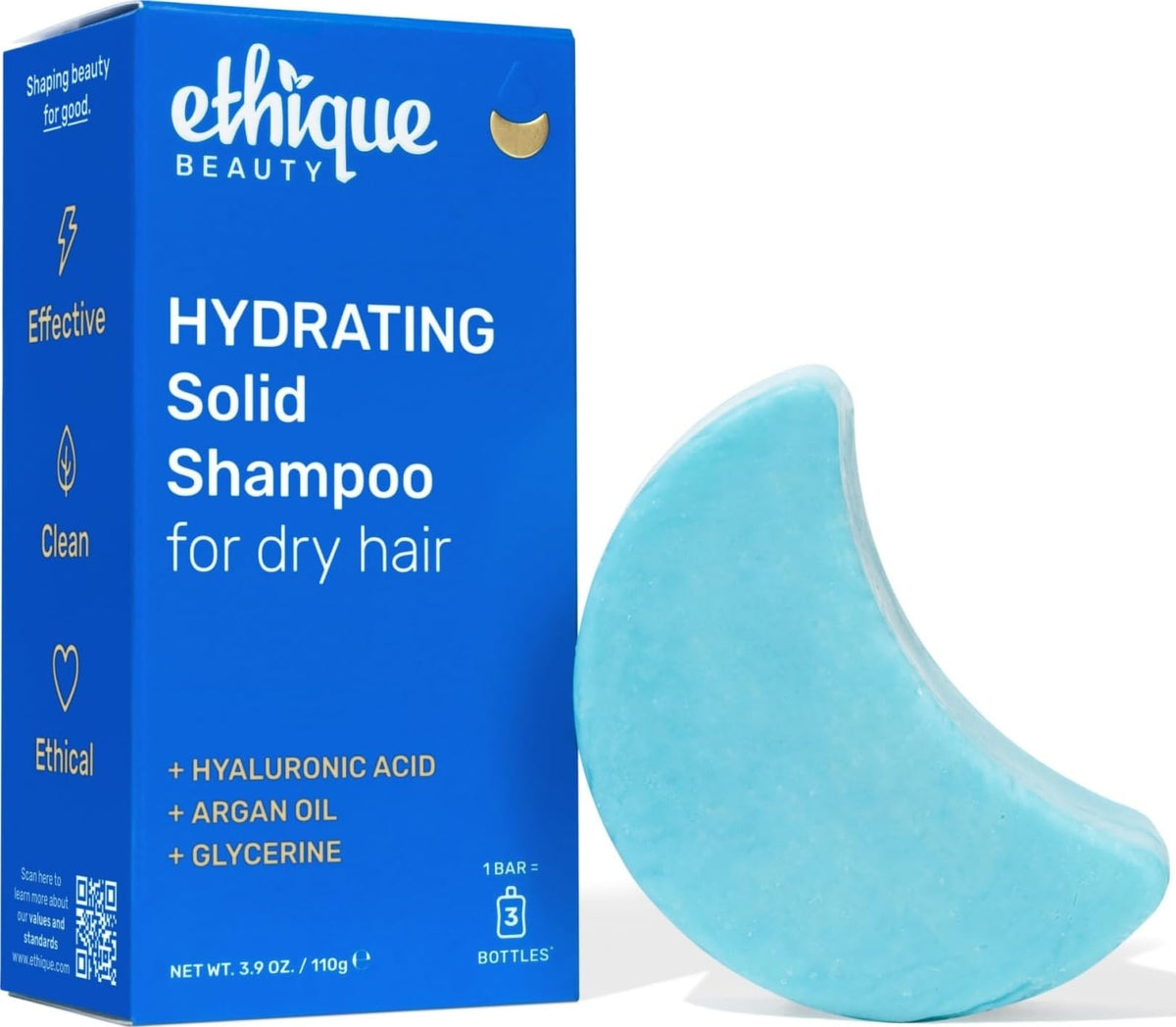 Ethique Hydrating Shampoo Bar front view with packaging
