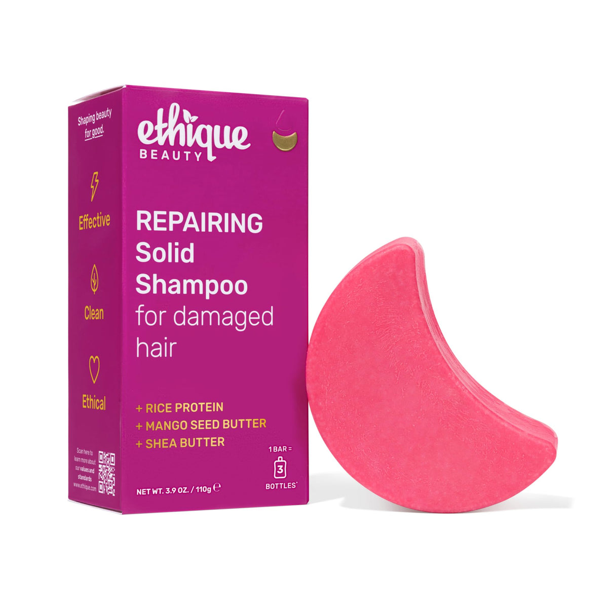 Ethique Repairing Shampoo Bar front view with packaging
