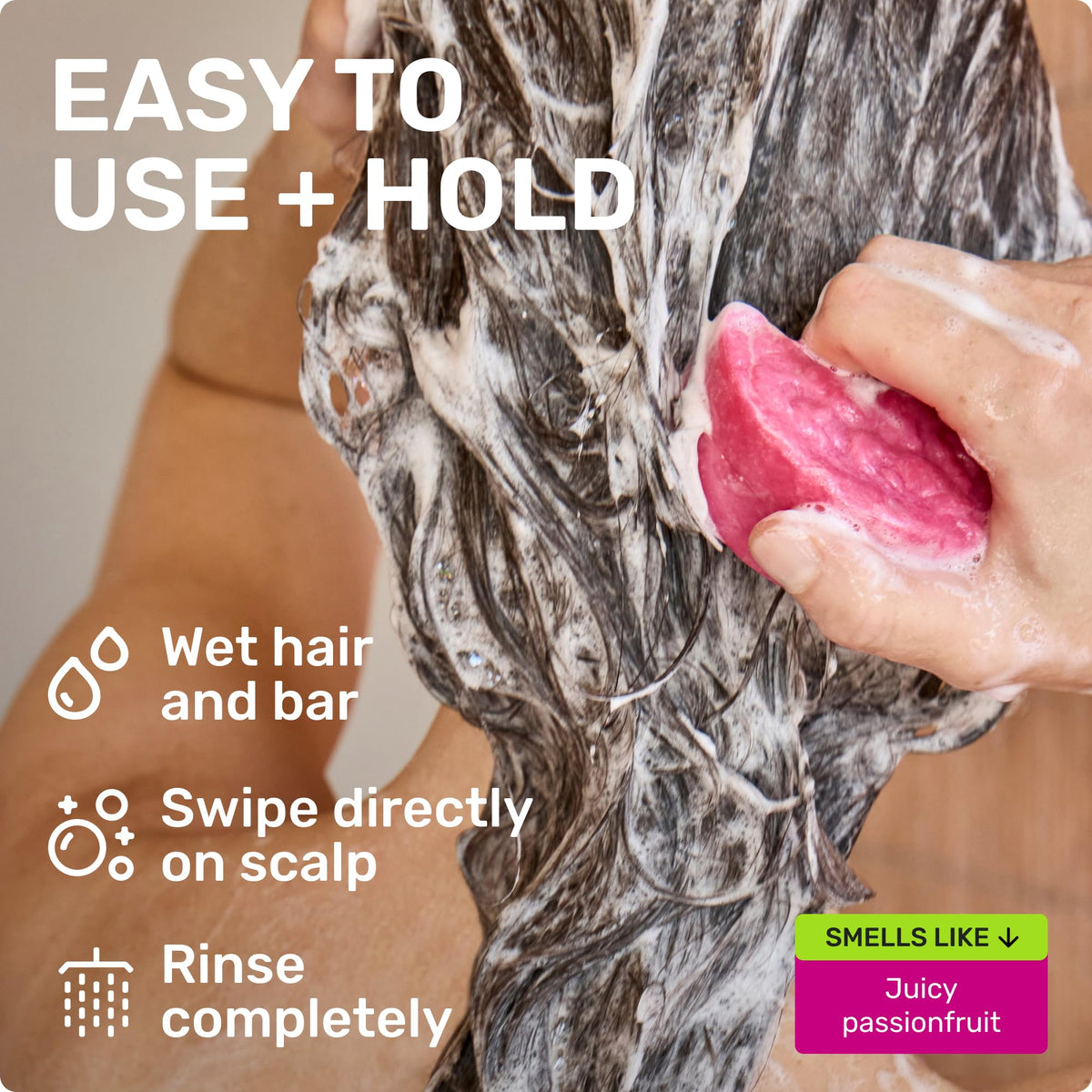Ethique Repairing Shampoo Bar in use during shower