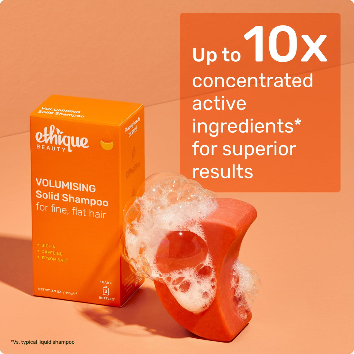 Ethique Volumizing Shampoo Bar on a bathroom counter