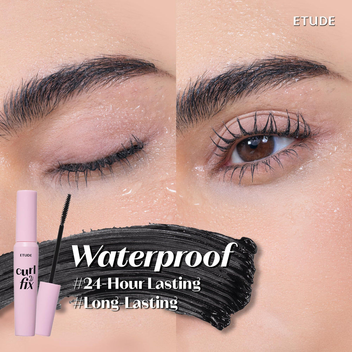 ETUDE Curl Fix Waterproof Mascara Duo on a vanity table