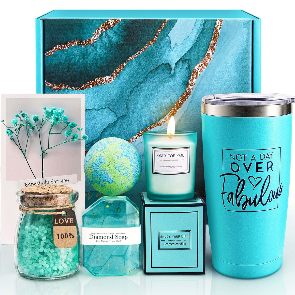 EUASOO Spa Gift Basket Set with tumbler, soap, bath bomb, bath salt, and candle