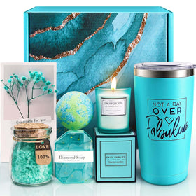 EUASOO Spa Gift Basket Set with tumbler, soap, bath bomb, bath salt, and candle