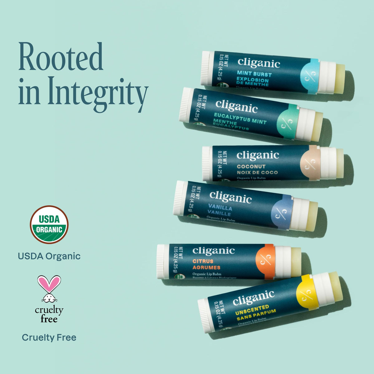 Eucalyptus Mint Cliganic Organic Lip Balm tube front view