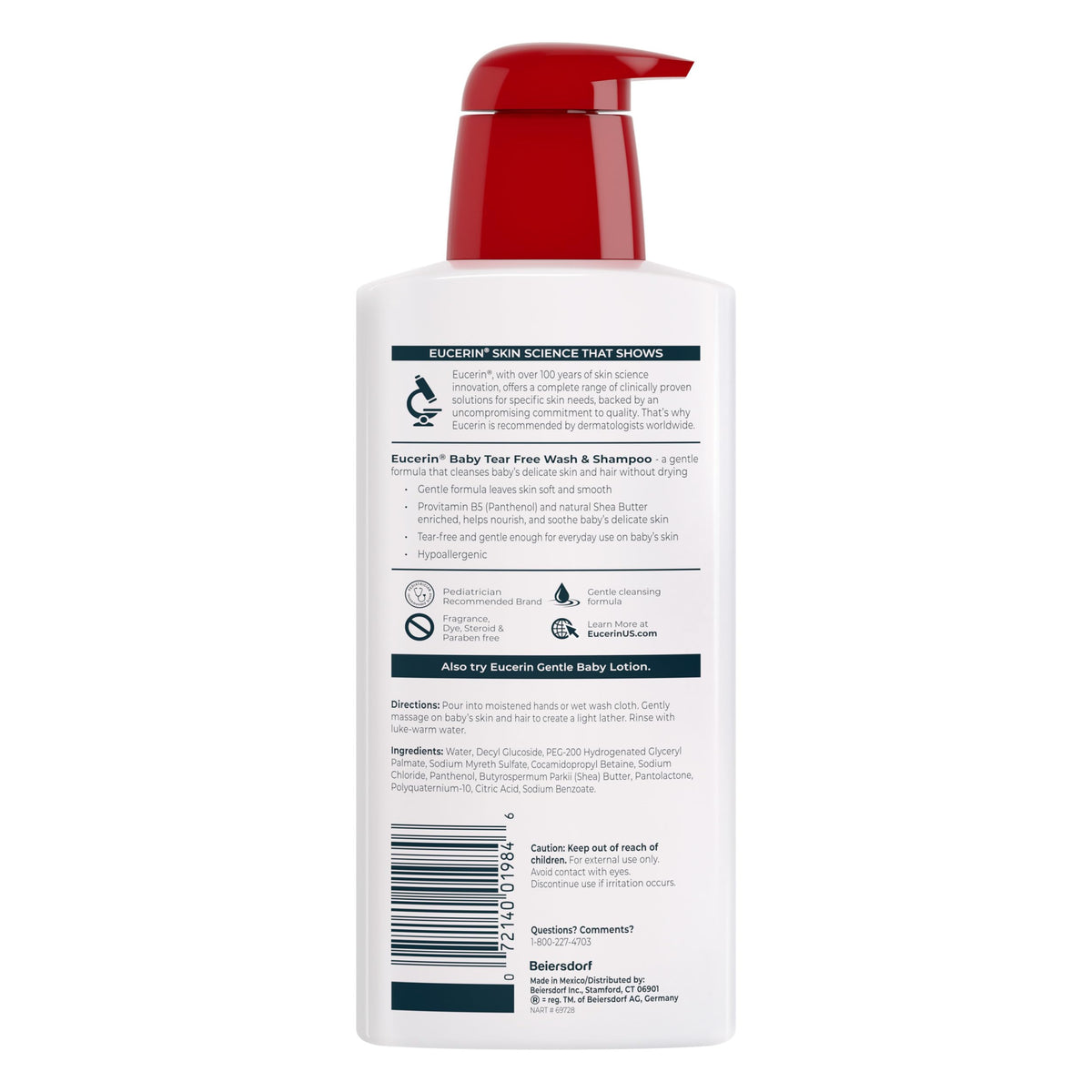 Eucerin Baby Unscented Shampoo and Body Wash in a bathroom setting