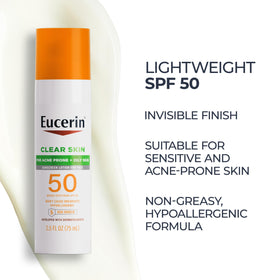 Eucerin Clear Skin Face Sunscreen SPF 50 on a vanity