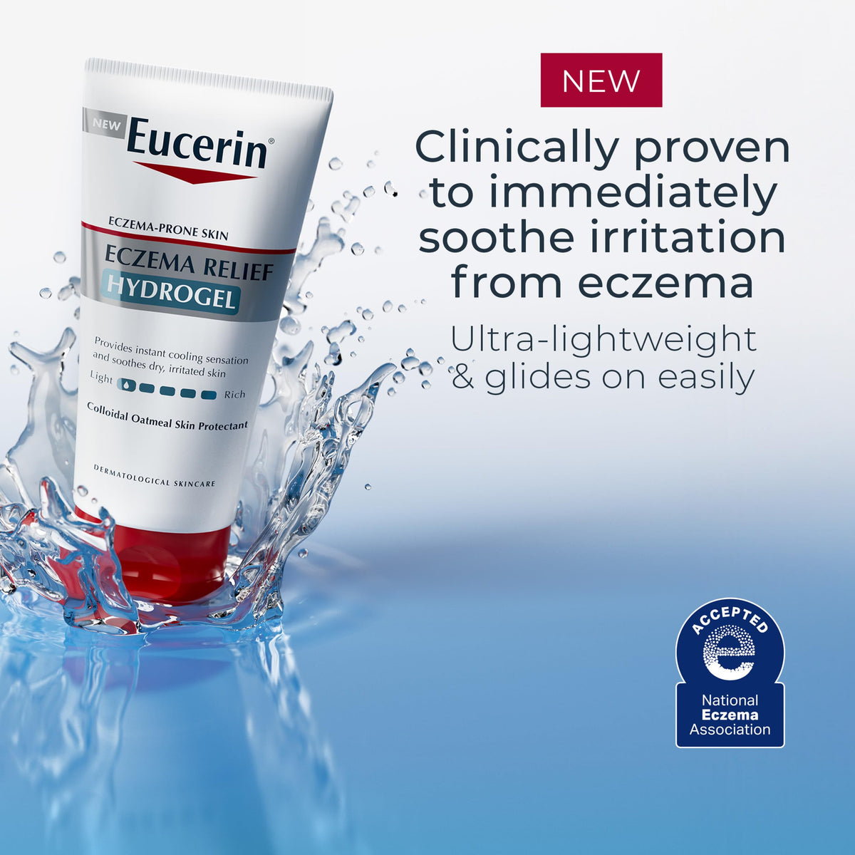 Eucerin Eczema Relief Hydrogel on bathroom counter