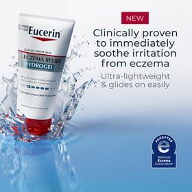 Eucerin Eczema Relief Hydrogel on bathroom counter