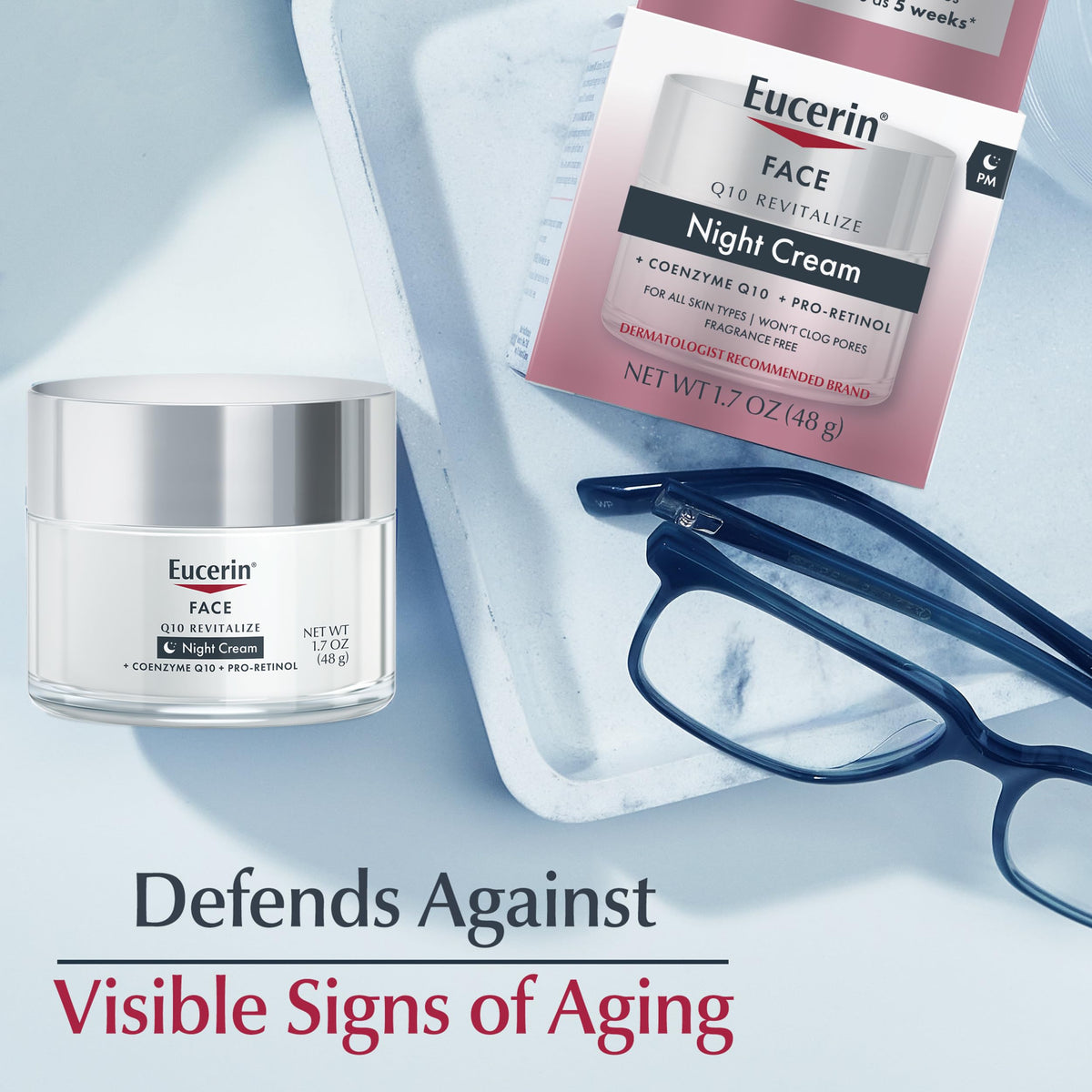 Eucerin Q10 Anti-Wrinkle Night Cream on a bathroom counter
