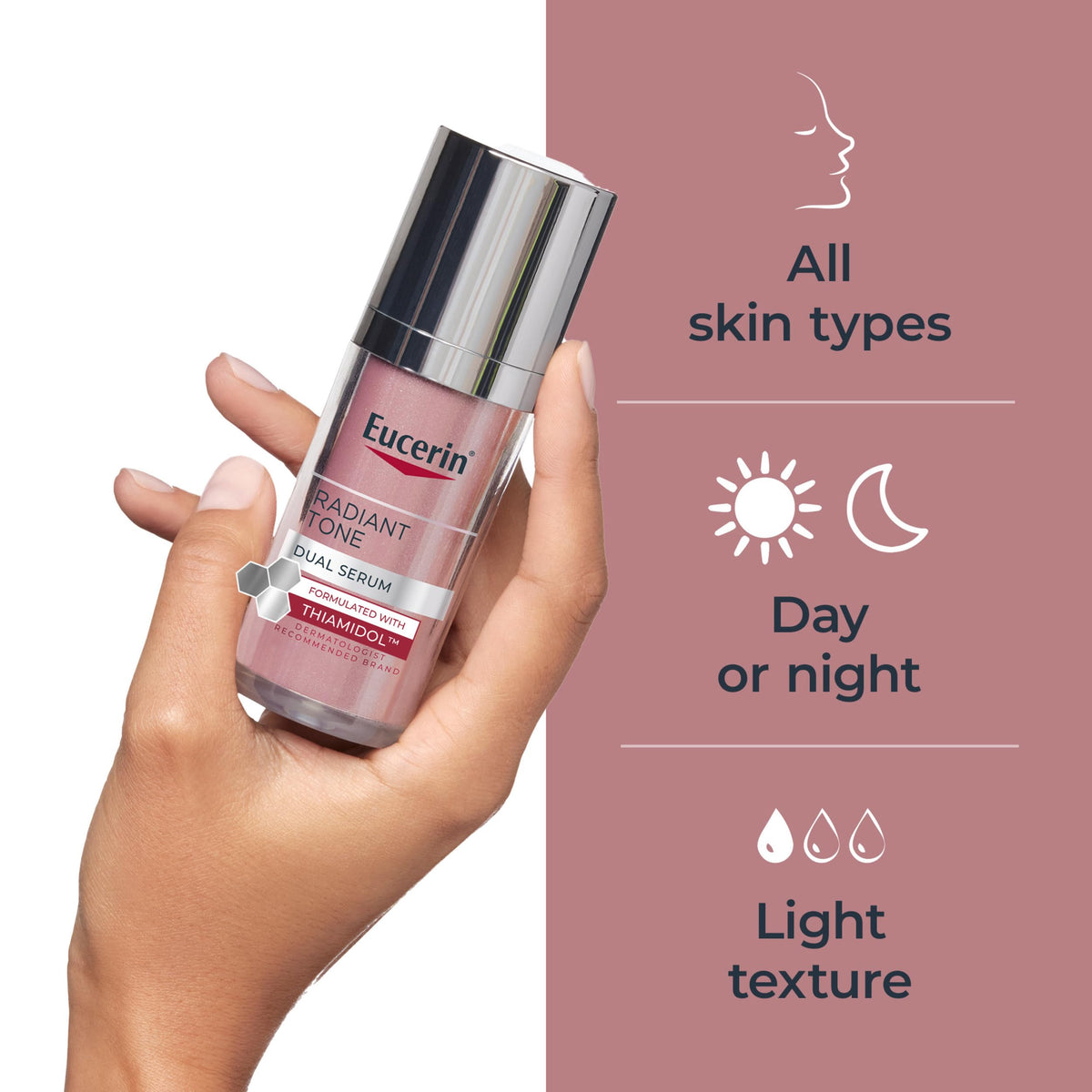 Eucerin Radiant Tone Dual Serum bottle on a bathroom counter