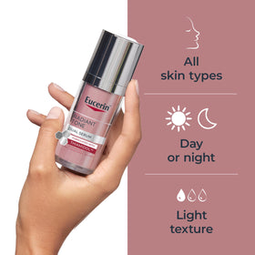 Eucerin Radiant Tone Dual Serum bottle on a bathroom counter