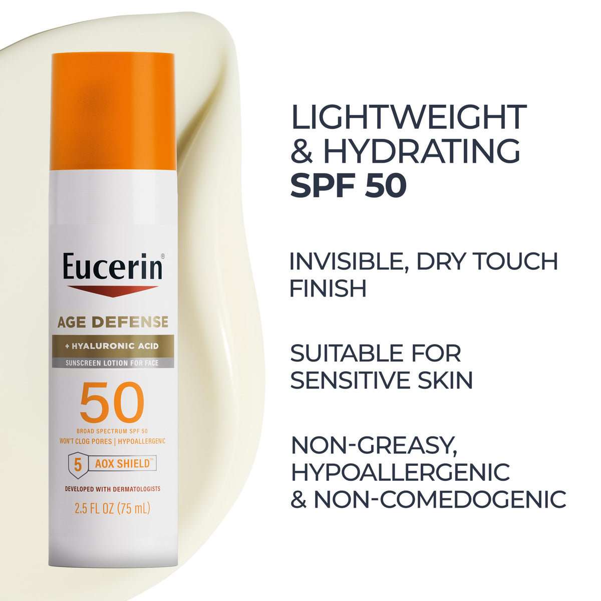 Eucerin Sun Age Defense Face Sunscreen Lotion SPF 50 on a vanity