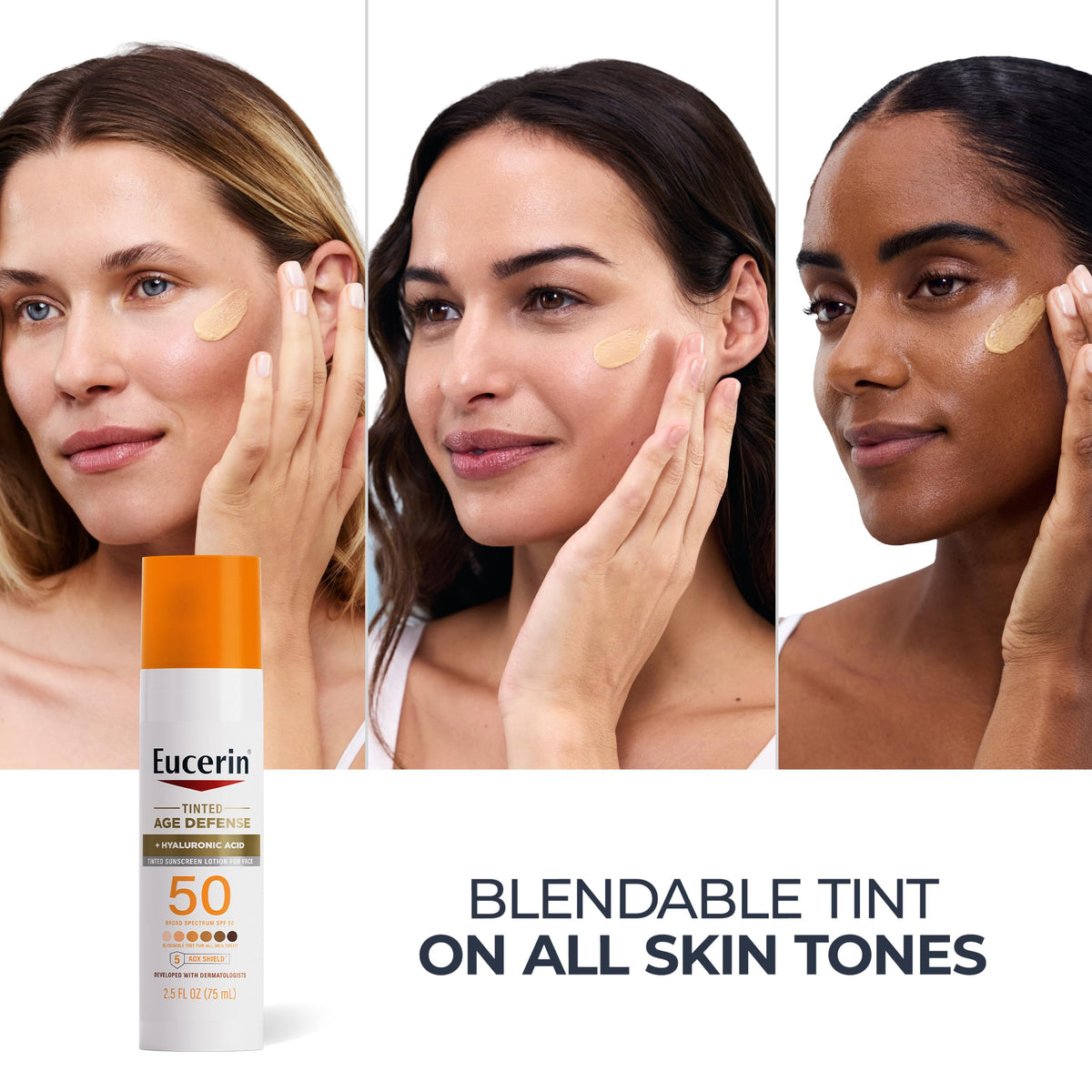 Eucerin Sun Tinted Age Defense Face Lotion SPF 50 on a bathroom counter