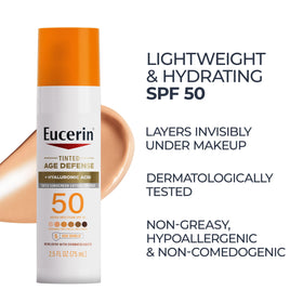 Eucerin Sun Tinted Age Defense Face Lotion SPF 50 with makeup products