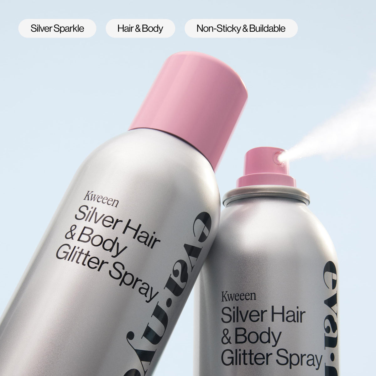 EVA·NYC Kweeen Silver Glitter Spray in a party setting