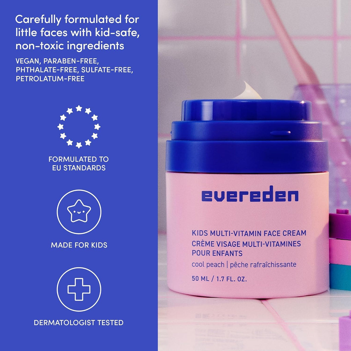 Evereden Kids Face Cream on a bathroom shelf with children’s toys