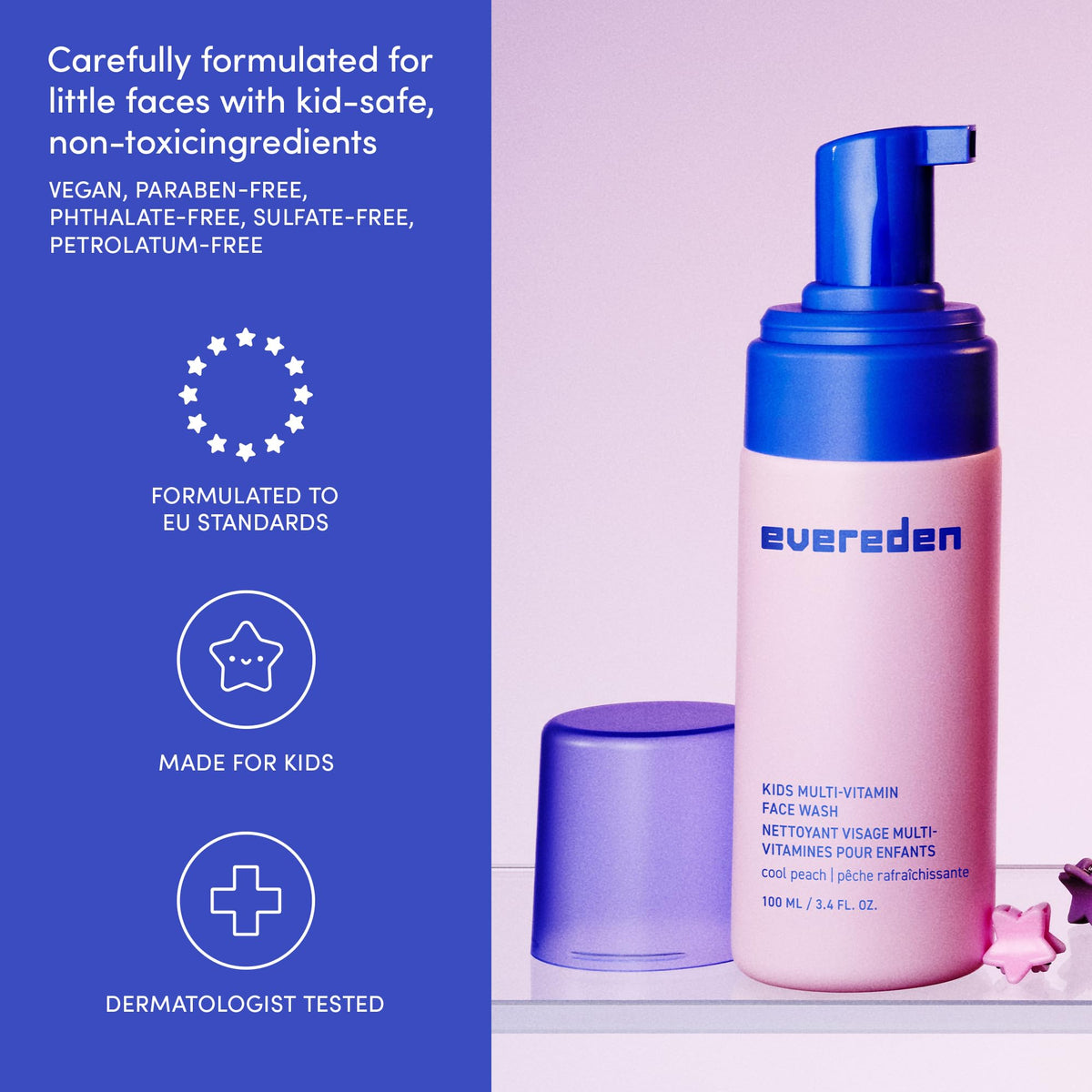 Evereden Kids Multi-Vitamin Face Wash displayed with peaches