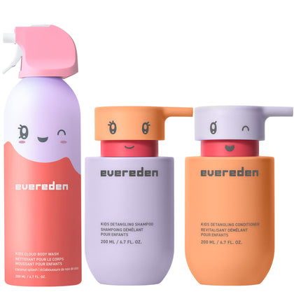Evereden Kids Shampoo, Conditioner & Body Wash Set front view with playful packaging