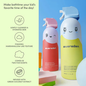 Evereden Kids Shampoo, Conditioner & Body Wash Set packaging on a bathroom shelf