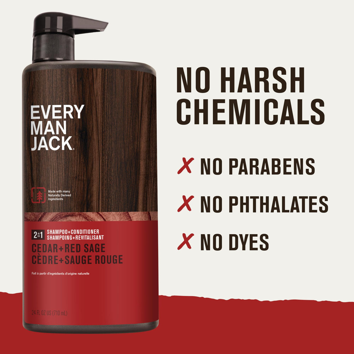 Every Man Jack 2-in-1 Shampoo & Conditioner bottle with cedarwood background