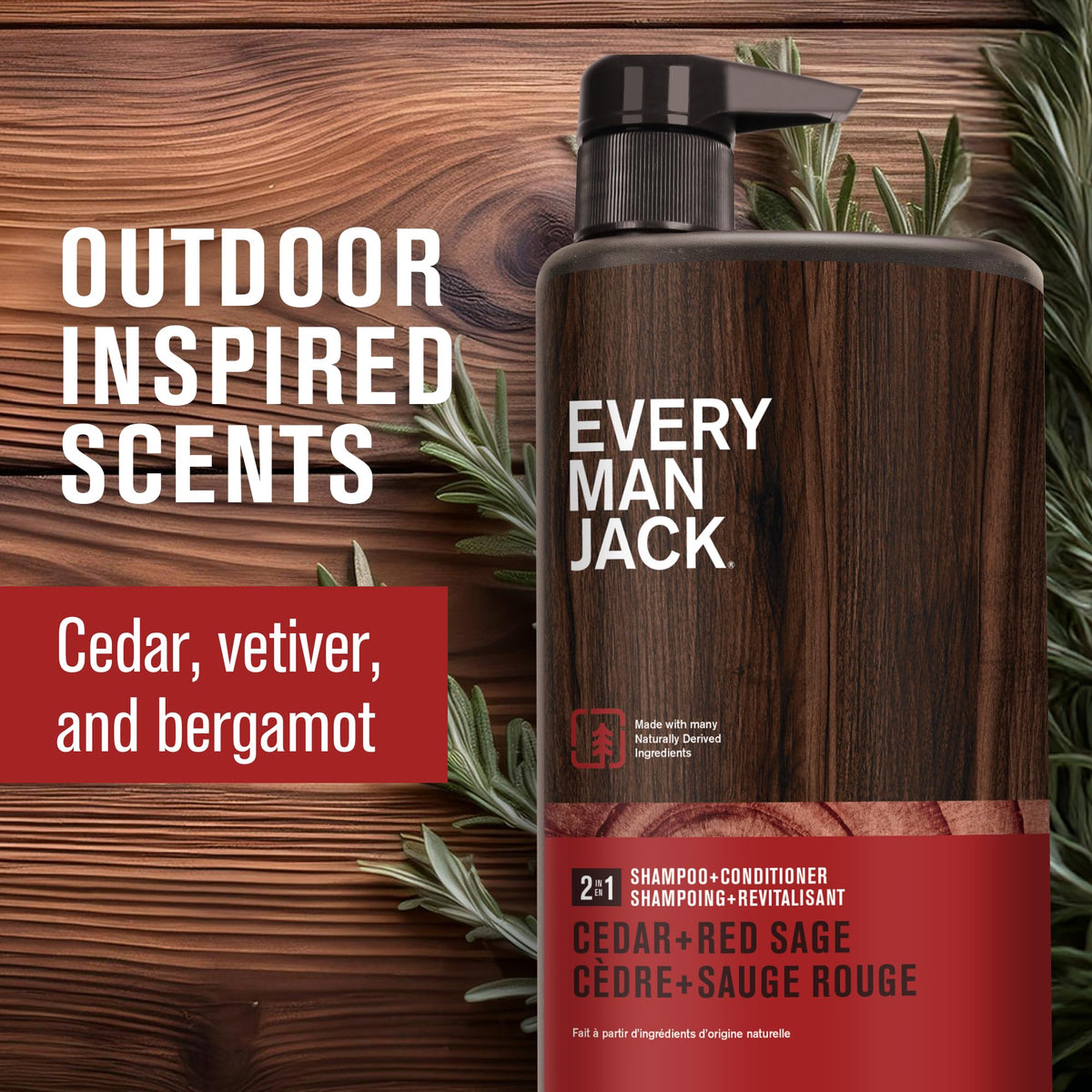 Every Man Jack 2-in-1 Shampoo & Conditioner on a wooden bathroom shelf