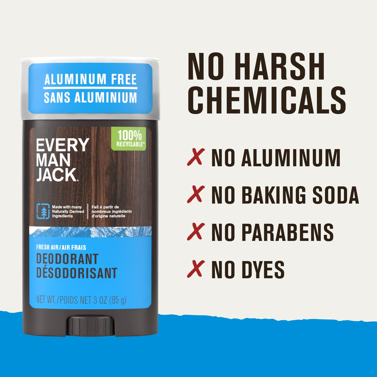 Every Man Jack 3-pack of deodorants laid out on a wooden surface