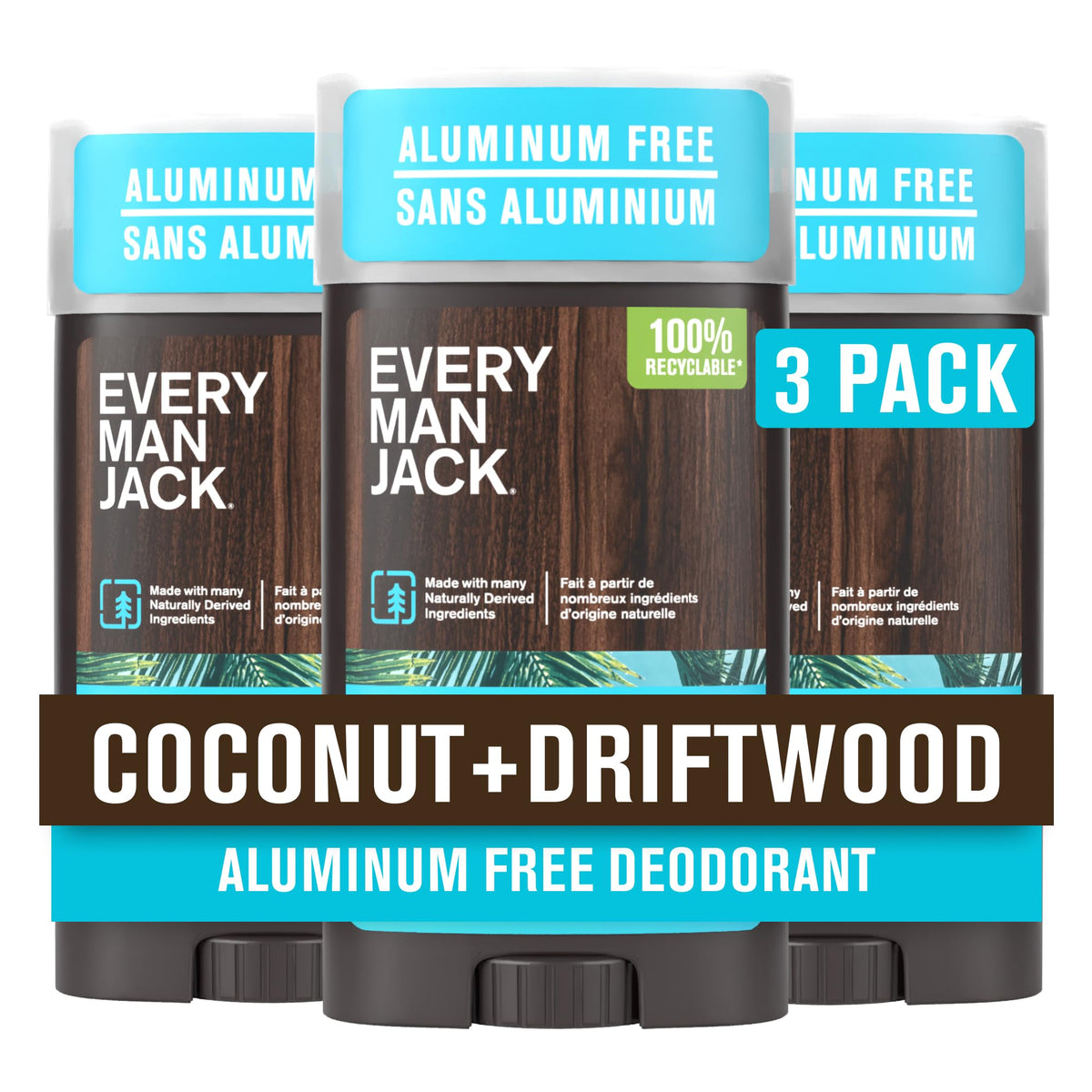 Every Man Jack Aluminum Free Deodorant 3-Pack Coconut Driftwood front view