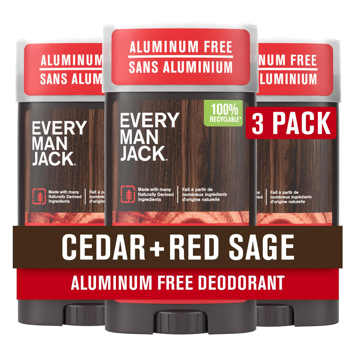 Every Man Jack Aluminum Free Deodorant 3pk Cedar Red Sage front view
