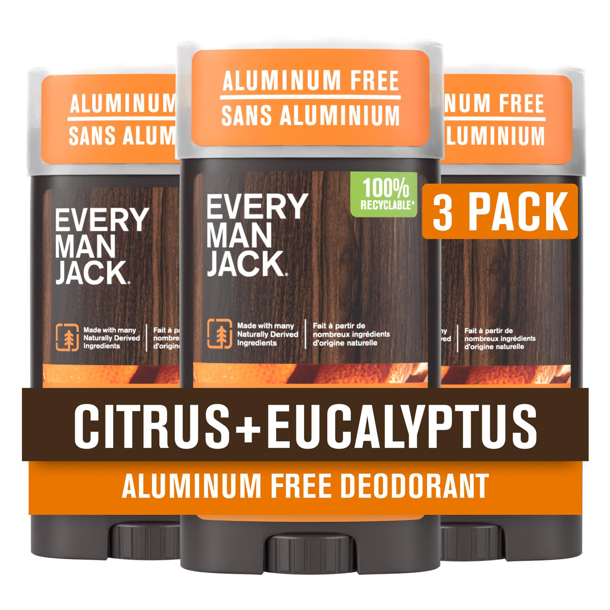 Every Man Jack Aluminum Free Deodorant Citrus Eucalyptus 3-pack front view