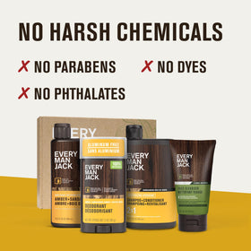 Every Man Jack Bath and Body Shower Gift Set displayed on a bathroom shelf
