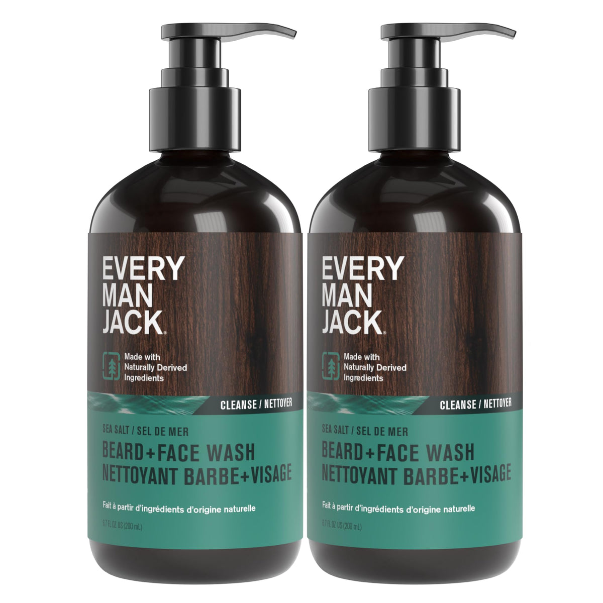 Every Man Jack Beard + Face Wash front view with sea salt packaging