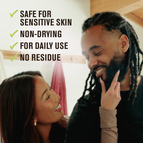 Every Man Jack Beard + Face Wash held in hand with foam