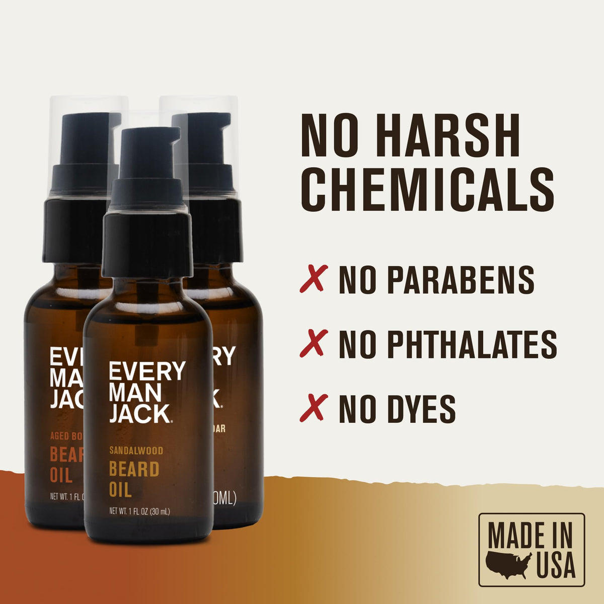Every Man Jack beard oil bottle with natural ingredients beside