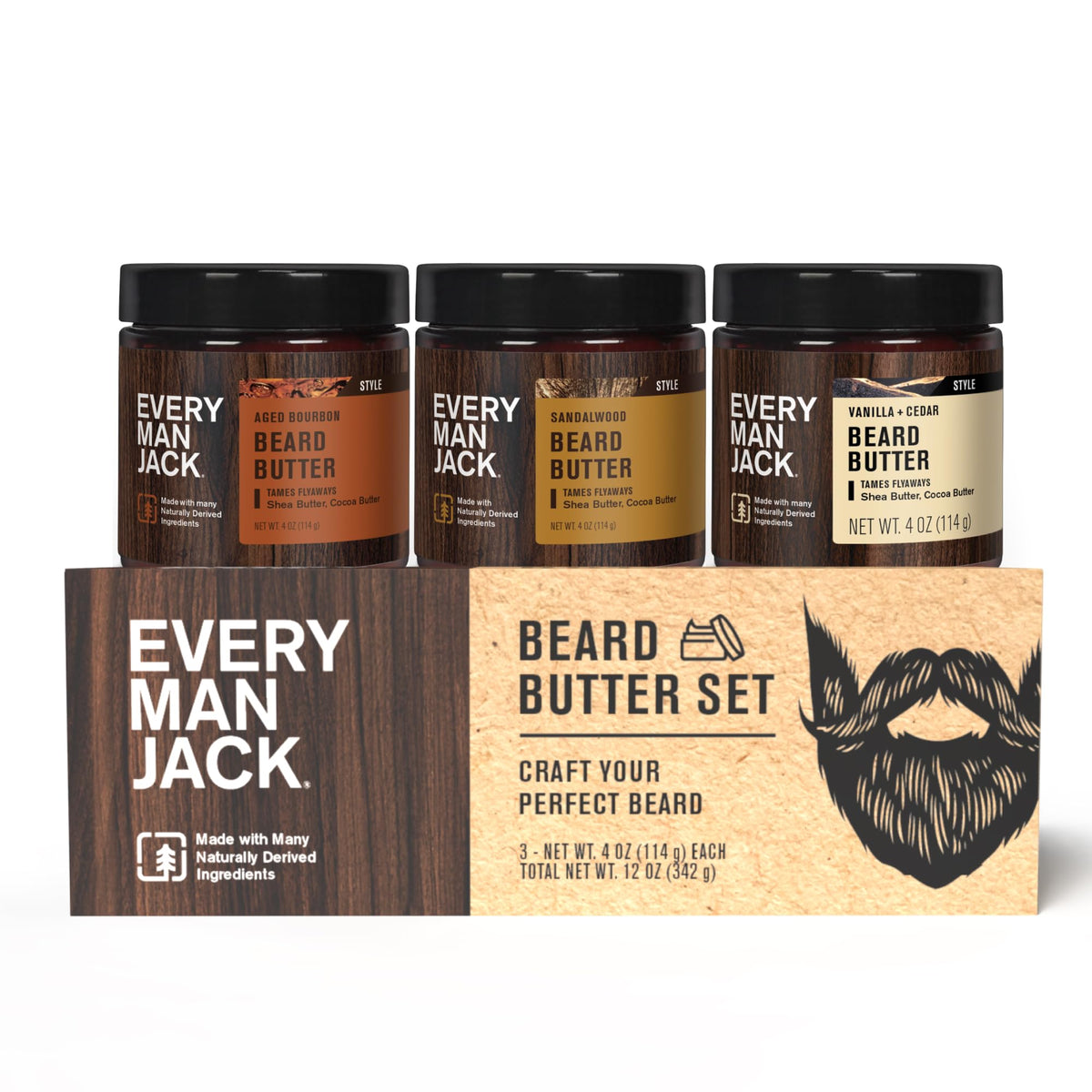 Every Man Jack Beard Softening Butter Gift Set front view with three jars