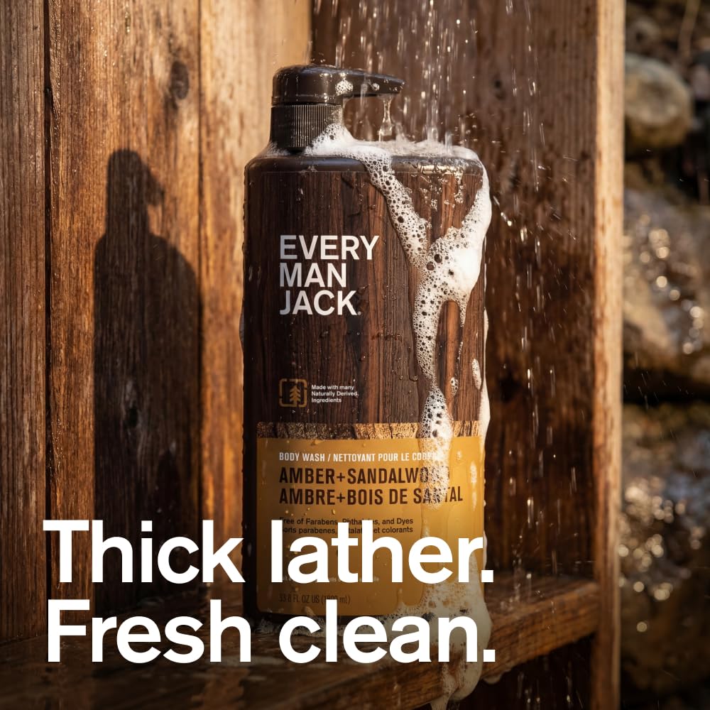 Every Man Jack body wash bottle with amber sandalwood scent