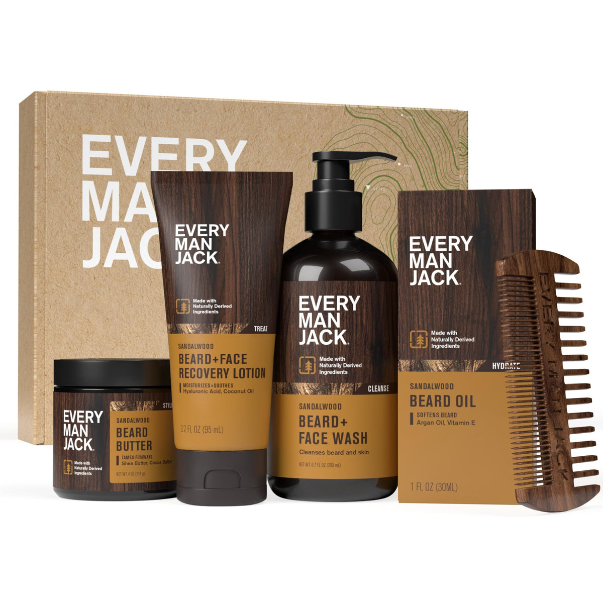 Every Man Jack Complete Beard Care Kit front view with Sandalwood Teak packaging