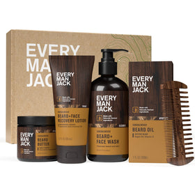 Every Man Jack Complete Beard Care Kit front view with Sandalwood Teak packaging