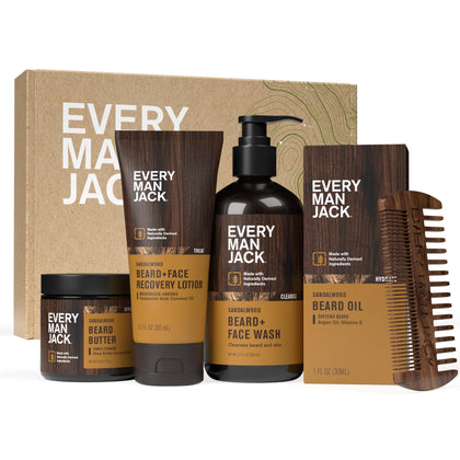 Every Man Jack Complete Beard Care Kit front view with Sandalwood Teak packaging