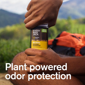 Every Man Jack deodorant packaging with amber sandalwood scent