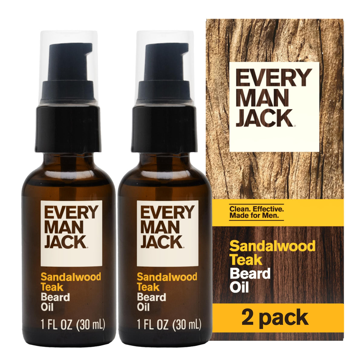 Every Man Jack Hydrating Beard Oil 2pk front view, Sandalwood Teak