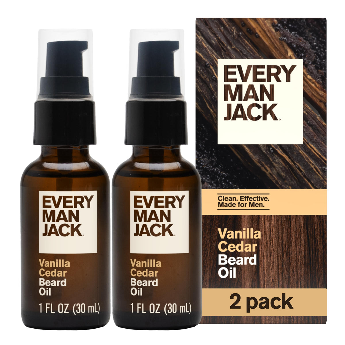 Every Man Jack Hydrating Beard Oil 2pk Vanilla Cedar front view