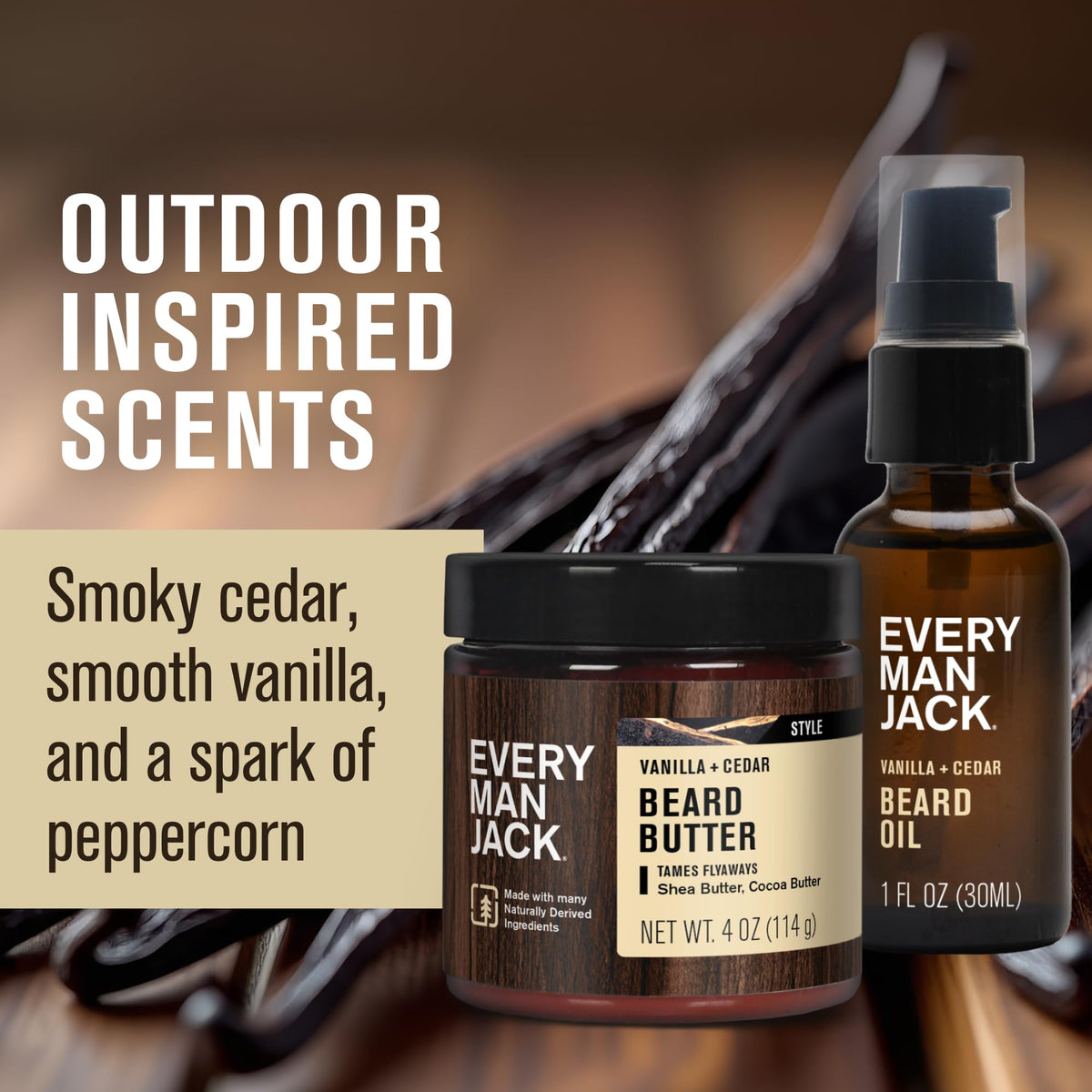 Every Man Jack Hydrating Beard Oil & Butter Vanilla Cedar close-up of bottle