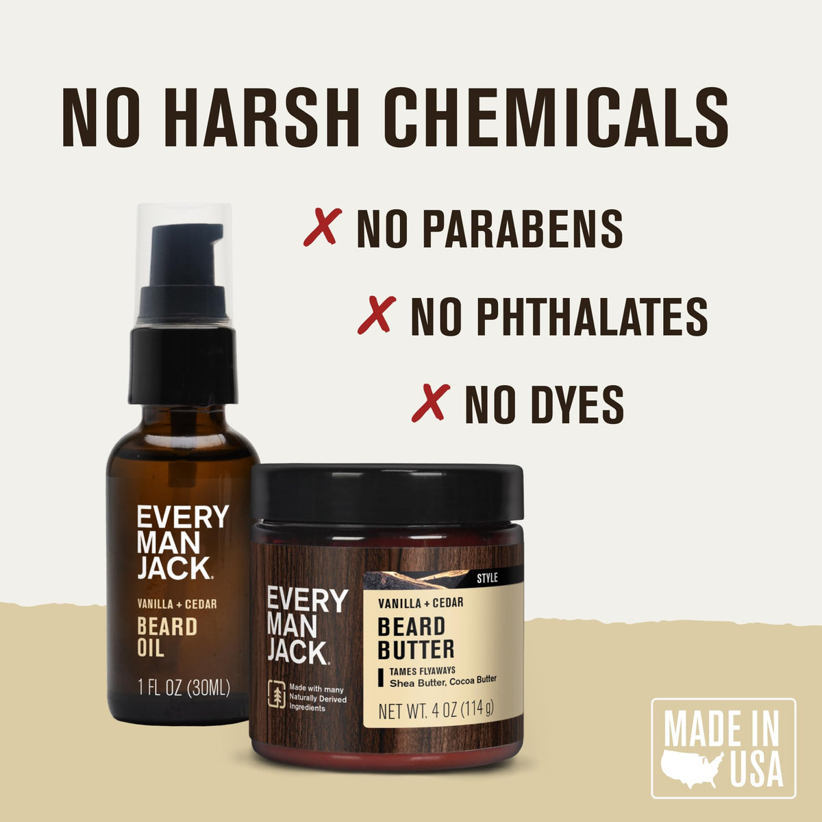 Every Man Jack Hydrating Beard Oil & Butter Vanilla Cedar on a grooming table